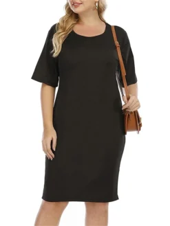 Women‘s Plus Size Curve Work Dress Sheath Dress Black Dress Fashion Midi Dress Cut Out Crew Neck Half Sleeve Plain Regular Fit Black Summer Spring L XL XXL 3XL 4XL -HANs Plus Size Style Shop febmex1691463948737