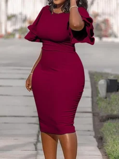 Women‘s Plus Size Curve Work Dress Bodycon Sheath Dress Solid Color Midi Dress Short Sleeve Ruffle Crew Neck Fashion Office Black White Summer Spring XL XXL 3XL 4XL 5XL -HANs Plus Size Style Shop fecakx1677650839762