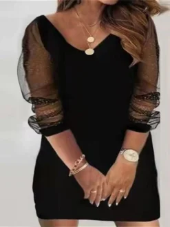 Women‘s Plus Size Curve Holiday Dress Floral V Neck Mesh Long Sleeve Fall Spring Casual Mini Dress Casual Daily DressSheath DressBlack DressPrint -HANs Plus Size Style Shop felvuw1647491216907