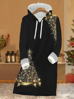 Women's Christmas Hoodie Dress Shift Dress Mini Dress Blue Gold Red Long Sleeve Letter Print Fall Spring Hooded Fashion Christmas Daily Date Loose Fit 2022 S M L XL XXL 3XL