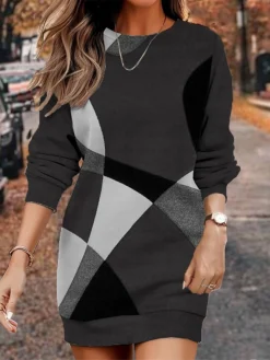 Women's Sweatshirt Dress Casual Dress Mini Dress Warm Fashion Outdoor Vacation Going Out Crew Neck Print Geometric Regular Fit Black Wine Navy Blue S M L XL XXL -HANs Plus Size Style Shop ffntgc1697633765609
