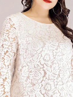 Women‘s Plus Size Curve Lace Dress Work Dress A Line Dress Solid Color Midi Dress Long Sleeve Lace Crew Neck Fashion Office Black White Spring Fall L XL XXL 3XL 4XL -HANs Plus Size Style Shop fgbxan1673001191439