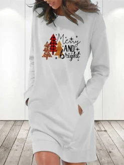 Women‘s Christmas Hoodie Dress Winter Dress Light Blue Grey White Long Sleeve Letter Tree Snowflake Pocket Print Winter Fall Crew Neck Stylish Casual Fall Dress Loose Fit 2022 S M L XL 2XL -HANs Plus Size Style Shop fhjmof1666430318400