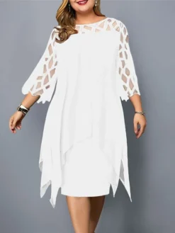 Women‘s Plus Size Curve Work Dress Sheath Dress Color Block Midi Dress 3/4 Length Sleeve Lace Patchwork Crew Neck Fashion Outdoor White Red Summer Spring L XL XXL 3XL 4XL -HANs Plus Size Style Shop fhxmiz1677043560079