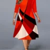 Women‘s Plus Size Curve Work Dress A Line Dress Stripe Midi Dress 3/4 Length Sleeve Print Crew Neck Elegant Office Red Fall Spring XL XXL 3XL 4XL 5XL