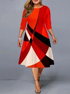 Women‘s Plus Size Curve Work Dress A Line Dress Stripe Midi Dress 3/4 Length Sleeve Print Crew Neck Elegant Office Red Fall Spring XL XXL 3XL 4XL 5XL
