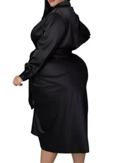 Women‘s Plus Size Curve Flattering Dresses Elegant Apple Shaped Dress Wedding Guest Work Dress Pure Color Shirt Collar Long Sleeve Fall Winter Work Midi Dress Going Out Work Dress Shirt Dress -HANs Plus Size Style Shop fivuwa1663665120219