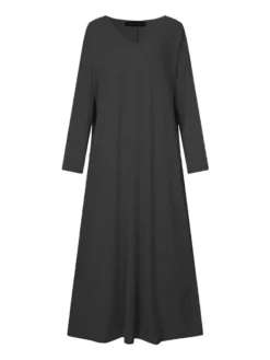 Women‘s Plus Size Casual Dress Caftan Dress Solid Color V Neck Long Sleeve Winter Fall Basic Casual Maxi Long Dress Daily Vacation Dress -HANs Plus Size Style Shop fjirtg1666342641614