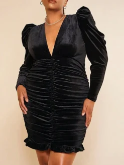 Women's Plus Size Curve Velvet Dress Casual Dress Winter Dress Solid Color Mini Dress Long Sleeve Ruched V Neck Fashion Outdoor Black Fall Winter XL XXL 3XL