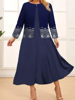 Women's Plus Size Curve Two Piece Dress Set Casual Dress Swing Dress Outdoor Office Fashion Streetwear Print Midi Dress Crew Neck Long Sleeve Floral Wine Navy Blue Royal Blue Spring Fall L XL -HANs Plus Size Style Shop fjtopr1691999593990