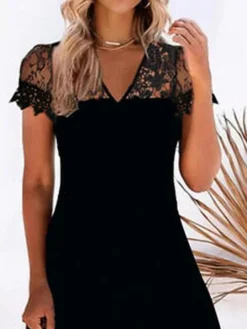 Women's Casual Dress Mini Dress Black Half Sleeve Pure Color Lace Summer Spring V Neck Fashion Vacation 2023 S M L XL 2XL XXXL -HANs Plus Size Style Shop fjxnpw1649389387949