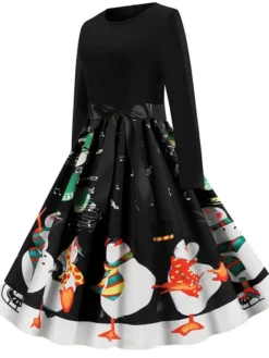 Women's Christmas Knee Length Dress Blue Purple Wine Gray Green Black Red Light Blue Long Sleeve Print Bow Print Fall Winter Round Neck Casual Vintage2021 S M L XL XXL -HANs Plus Size Style Shop fkibst1629971948964