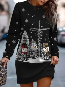 Women‘s Christmas Casual Dress Sweatshirt Dress Mini Dress Warm Fashion Outdoor Holiday Crew Neck Print Santa Claus Snowman Tree Loose Fit Black White Red S M L XL XXL -HANs Plus Size Style Shop fkstsr1694157449046