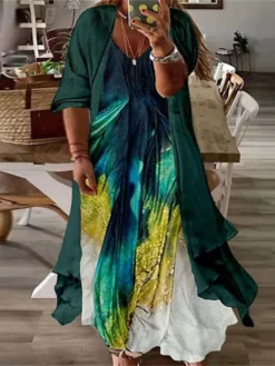 Women‘s Plus Size Curve Casual Dress Floral V Neck Print 3/4 Length Sleeve Fall Spring Vintage Casual Maxi Long Dress Daily Vacation Dress -HANs Plus Size Style Shop flbrta1649760917010