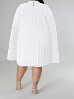 Women‘s Plus Size Curve Casual Dress Shift Dress Solid Color Midi Dress Long Sleeve Pleated Stand Collar Basic Daily Black White Fall Spring XL XXL 3XL 4XL 5XL -HANs Plus Size Style Shop flggnb1672817483615