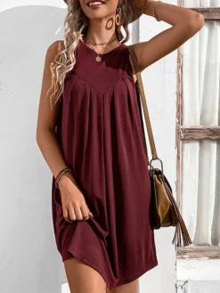 Women's Casual Dress Tank Dress Summer Dress Mini Dress Ruched Outdoor Daily Date Fashion Streetwear Crew Neck Sleeveless 2023 Regular Fit Black Wine Navy Blue Color S M L XL Size -HANs Plus Size Style Shop fljsxc1686045535290
