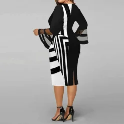 Women's Plus Size Curve Party Dress Geometric V Neck Long Sleeve Fall Winter Work Casual Prom Dress Knee Length Dress Daily Holiday Dress