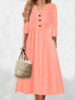 Women's Casual Dress Plain Dress Empire Waist Dresses Midi Dress Ruched Button Outdoor Daily Vacation Fashion Classic V Neck Long Sleeve 2023 Loose Fit Pink Green Color S M L XL XXL Size -HANs Plus Size Style Shop fmzhxp1692094835104