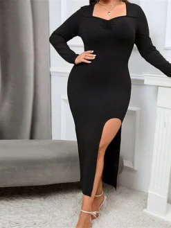 Women's Plus Size Curve Party Dress Winter Dress Black Dress Plain Midi Dress Long Sleeve Split V Neck Fashion Party Black Fall Winter XL XXL 3XL -HANs Plus Size Style Shop fnkmsk1694576130173
