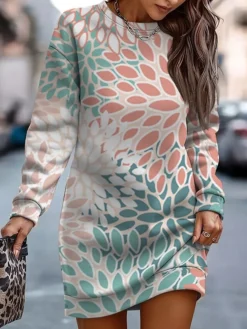 Women's Casual Dress Sweatshirt Dress Winter Dress Floral Print Crew Neck Mini Dress Fashion Streetwear Outdoor Daily Long Sleeve Loose Fit Yellow Pink Blue Fall Winter S M L XL XXL