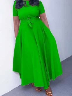 Women‘s Plus Size Curve Casual Dress A Line Dress Solid Color Long Dress Maxi Dress Short Sleeve Lace Up Pocket Crew Neck Fashion Outdoor Black Yellow Summer Spring L XL XXL 3XL -HANs Plus Size Style Shop fnljvj1684482422478