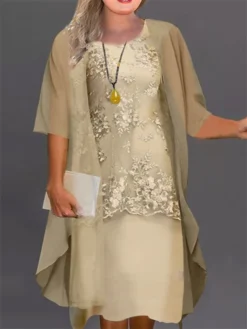 Women‘s Plus Size Curve Casual Dress Floral Crew Neck Lace Half Sleeve Spring Fall Casual Midi Dress Daily Holiday Dress -HANs Plus Size Style Shop fnxxlg1663299471248