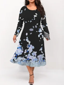 Women's Plus Size Curve Casual Dress Skater Dress A Line Dress Floral Midi Dress Long Sleeve Print Crew Neck Fashion Outdoor Pink Blue Fall Winter L XL XXL 3XL 4XL -HANs Plus Size Style Shop fnzfsw1695191650086