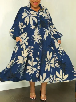 Women‘s Plus Size Curve Denim Dress Casual Dress Swing Dress Leaf Midi Dress Long Sleeve Button Print Shirt Collar Fashion Daily White Blue Fall Spring XL XXL 3XL 4XL 5XL