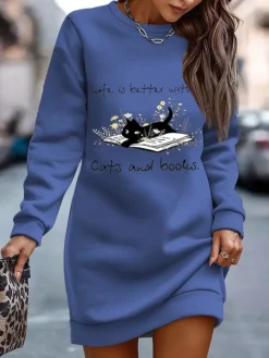 Women's Sweatshirt Dress Casual Dress Mini Dress Warm Fashion Outdoor Vacation Going Out Crew Neck Print Print Regular Fit White Blue Fuchsia S M L XL XXL -HANs Plus Size Style Shop foezeq1697706677311