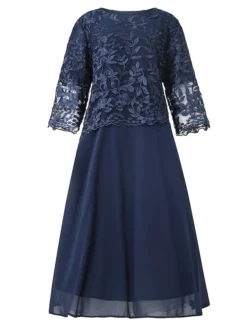 Women's Plus Size Party Dress Lace Dress Cocktail Dress Midi Dress Navy Blue 3/4 Length Sleeve Pure Color Lace Spring Fall Winter Crew Neck Fashion Winter Dress Wedding Guest Vacation 2023 L XL XXL -HANs Plus Size Style Shop folzjk1693806530369