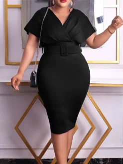 Women‘s Plus Size Curve Easter Dress Work Dress Solid Color V Neck Short Sleeve Spring Dress Fall Work Formal Knee Length Dress Date Vacation Dress -HANs Plus Size Style Shop fonpal1661334435996