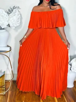 Women‘s Plus Size Curve Party Dress Pure Color Off Shoulder Half Sleeve Spring Fall Elegant Prom Dress Maxi Long Dress Party Dress -HANs Plus Size Style Shop fopknu1663320361833