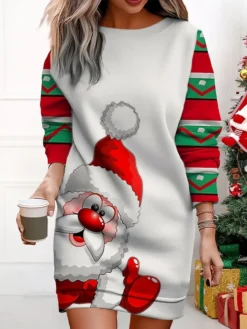 Women's Christmas Casual Dress Sweatshirt Dress Mini Dress Warm Fashion Outdoor Vacation Crew Neck Print Santa Claus Loose Fit ArmyGreen Light Green Wine S M L XL XXL -HANs Plus Size Style Shop foxzkl1695377417138