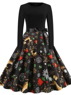 Women's Christmas Casual Dress Knee Length Dress Black Long Sleeve SnowflakeTree Animal Bow Print Fall Winter Crew Neck Stylish Casual Modern 2022 S M L XL XXL