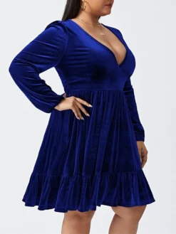Women‘s Plus Size Curve Party Dress Velvet Dress Cocktail Dress Mini Dress Black Wine Royal Blue Long Sleeve Pure Color Ruched Spring Fall Winter V Neck Fashion Birthday Wedding Guest Vacation 2023 -HANs Plus Size Style Shop fppbzs1692176738707