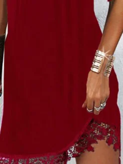 Women's T Shirt Dress Tee Dress Sheath Dress Mini Dress Black Red Short Sleeve Pure Color Sequins Summer Spring V Neck Stylish 2023 S M L XL 2XL 3XL -HANs Plus Size Style Shop fpxlaw1659943315569