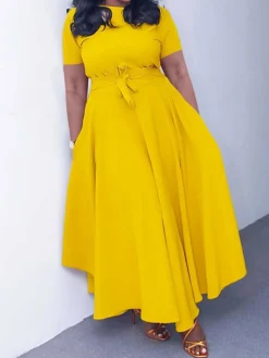 Women‘s Plus Size Curve Casual Dress A Line Dress Solid Color Long Dress Maxi Dress Short Sleeve Lace Up Pocket Crew Neck Fashion Outdoor Black Yellow Summer Spring L XL XXL 3XL -HANs Plus Size Style Shop fqcmyq1684482421156