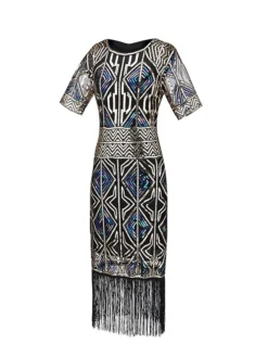 Women's Retro 1920s Fringe Dress Midi Dress Party Halloween Sequins Tassel Fringe Geometric Crewneck Short Sleeve Regular Fit Spring Fall 2023 Red Blue S M L XL -HANs Plus Size Style Shop fqgngv1693206884867
