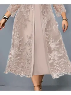 Women's Plus Size Curve Two Piece Dress Party Dress Print Crew Neck 3/4 Length Sleeve Spring Fall Work Midi Dress Formal Vacation Dress -HANs Plus Size Style Shop fqxeeq1659687927941