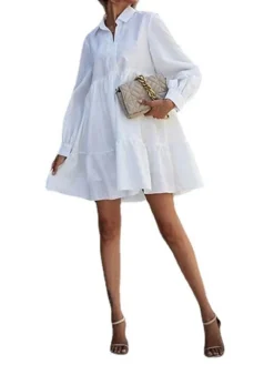 Women's Shirt Dress Casual Dress Tiered Dress Mini Dress Outdoor Daily Cotton Basic Classic Shirt Collar Ruched Button Long Sleeve Summer Spring Fall 2023 Loose Fit Black White Pure Color S M L XL 2XL -HANs Plus Size Style Shop fqyxeb1678327488220