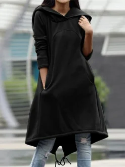 Women's Casual Dress Hoodie Dress Winter Dress Midi Dress Pocket Outdoor Street Daily Fashion Streetwear Hooded Long Sleeve 2023 Loose Fit Black Army Green Gray Color S M L XL XXL Size -HANs Plus Size Style Shop frqxch1694510146994