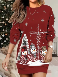 Women's Christmas Casual Dress Sweatshirt Dress Mini Dress Warm Fashion OutdoorVacation Crew Neck Print SnowmanTree Loose Fit Black Yellow Burgundy S M L XL XXL