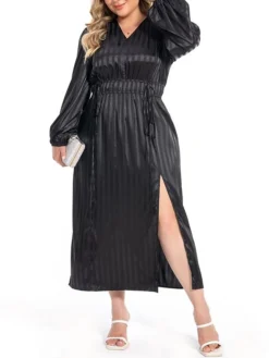 Women's Plus Size Curve Work Dress Satin Dress Black Dress Plain Midi Dress Long Sleeve Split V Neck Fashion Office Black Fall Winter L XL XXL 3XL 4XL -HANs Plus Size Style Shop frvijz1694772914255