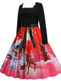 Women's Christmas Casual Dress Vintage Dress Midi Dress Black Blue Wine Long Sleeve Santa Claus Bow Winter Fall Spring Square Neck Vacation Christmas Daily Vacation 2022 S M L XL XXL 3XL -HANs Plus Size Style Shop frvndm1667637132629