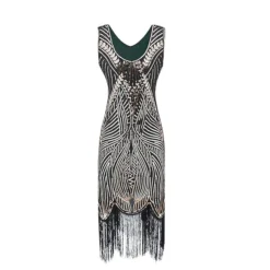 Women's Retro 1920s Fringe Dress Midi Dress Party Halloween Sequins Tassel Fringe Leaf Deep U Sleeveless Regular Fit Spring Fall 2023 Silver Black S M L XL -HANs Plus Size Style Shop frvrvf1692858228445