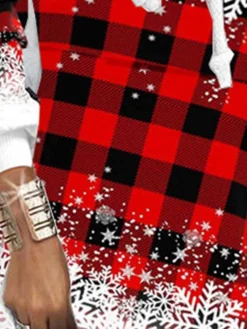 Women's Christmas Hoodie Dress Shift Dress Mini Dress Blue Wine Red Long Sleeve Plaid Snowflake Print Winter Fall Hooded Vacation Casual 2022 S M L XL XXL 3XL -HANs Plus Size Style Shop frztys1667287118217