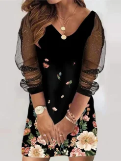 Women‘s Plus Size Curve Holiday Dress Floral V Neck Mesh Long Sleeve Fall Spring Casual Mini Dress Casual Daily DressSheath DressBlack DressPrint -HANs Plus Size Style Shop fsahjb1647491217372