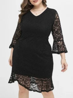 Women's Plus Size Party Dress Lace Dress Cocktail Dress Midi Dress Black 3/4 Length Sleeve Pure Color Lace Spring Fall Winter V Neck Fashion Winter Dress Birthday Wedding Guest 2023 XL XXL 3XL 4XL -HANs Plus Size Style Shop fsedkl1693535469422