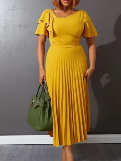Women‘s Plus Size Curve Party Dress Solid Color V Neck Ruched Short Sleeve Fall Spring Work Prom Dress Maxi Long Dress Party Holiday Dress Ruffle -HANs Plus Size Style Shop fsgdzi1648636995250