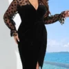 Women‘s Plus Size Curve Party Dress Cocktail Dress Wedding Guest Dress Black Dress Midi Dress Long Sleeve Pure Color Mesh Spring Fall Winter V Neck Fashion Winter Dress Birthday Wedding Guest